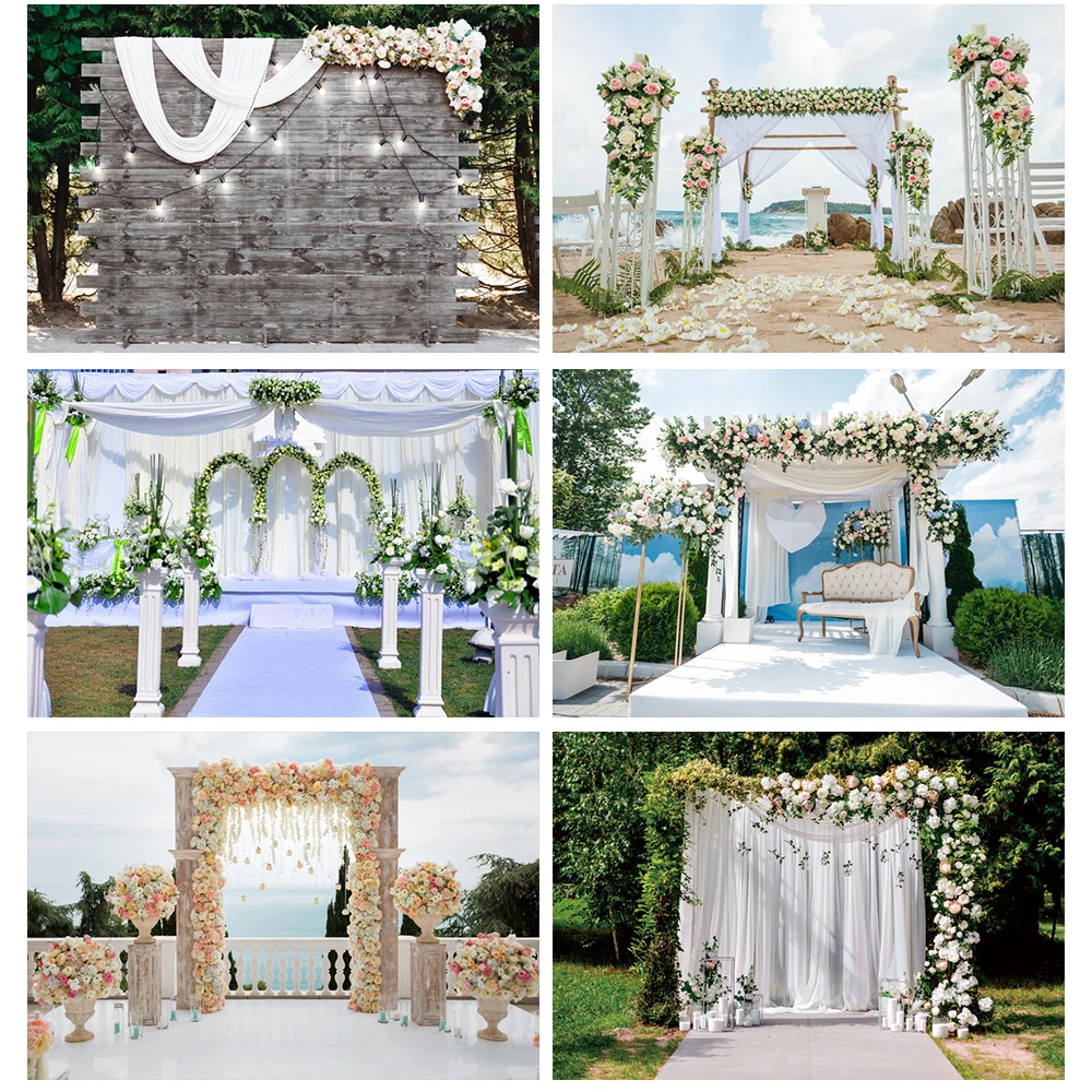

Laeacco Wedding Flowers Stage Curtain Sofa Green Blue Sky Outdoor Scenic Photo Background Photography Backdrops For Photo Studio
