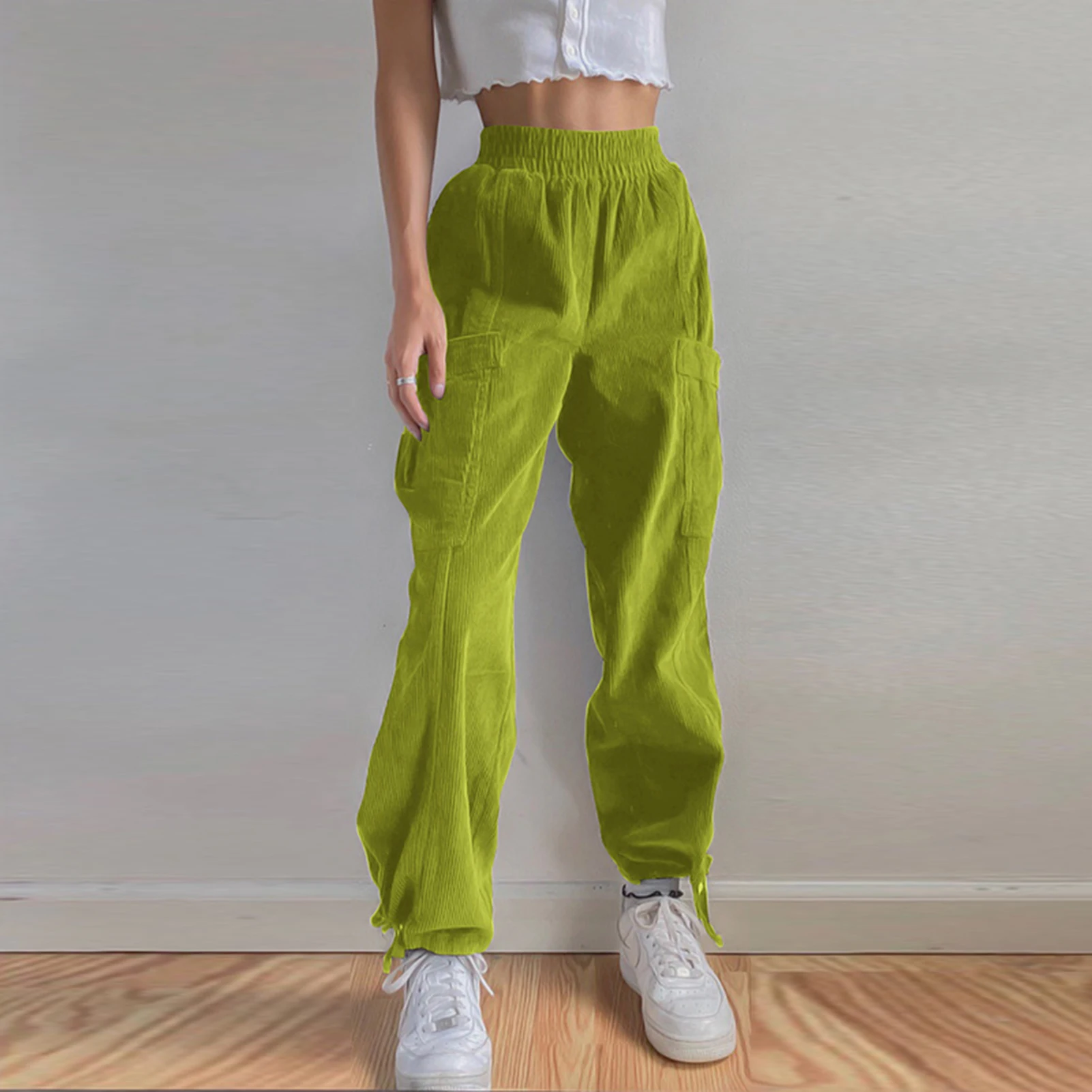 

Solid Color Retro Corduroy Pants Women Harajuku Cargo Pants Long Trousers Autumn Winter Loose Casual High Waist Ankle Tied Pants