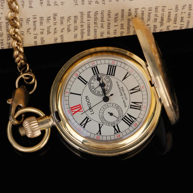 Antique Copper London 1856's Antique 5 Hands Mechanical Pocket & fob Watches Hand Winding Golden Mens Pocket Watch 30cm Chain