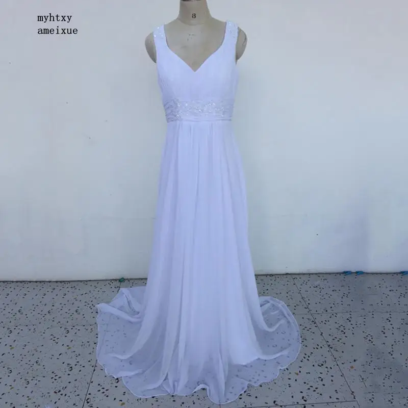 

Шифоновое платье-трапеция без рукавов с V-образным вырезом и шлейфом