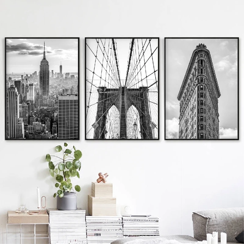 

New York City Landscape Poster Brooklyn Bridge Flat Photography Black and White Picture Nordic Canvas Painting Home Decoration