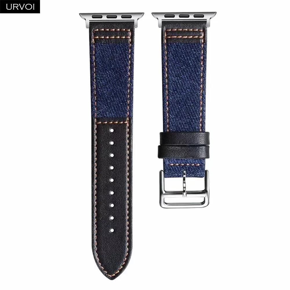 D blue Black URVOI джинсовая лента для Apple Watch 5 4 3 2 1 кожа с джинсовым ремешком для iwatch полотно холста 40 мм 44 мм Прочный с адаптером - Цвет ремешка: D blue Black