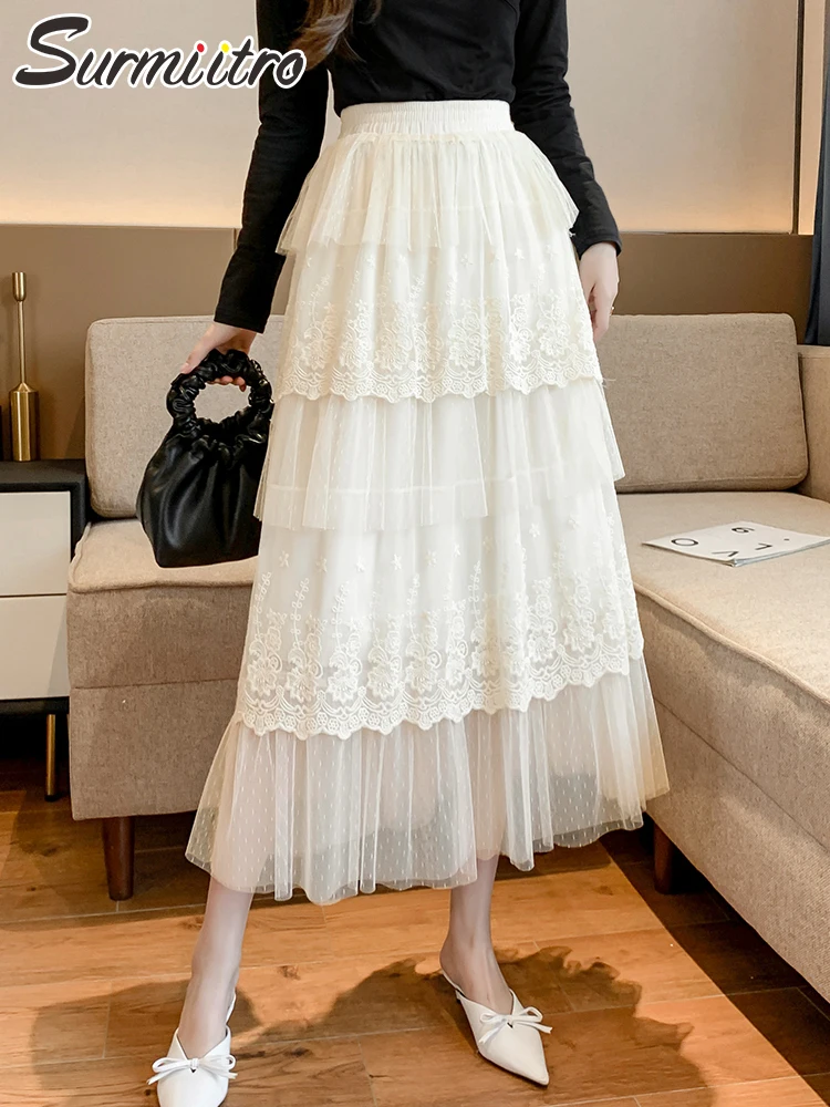 

SURMIITRO модная Корейская стильная элегантная миди длинная Плиссированная фатиновая юбка женская кружевная сетчатая юбка трапециевидной фор...