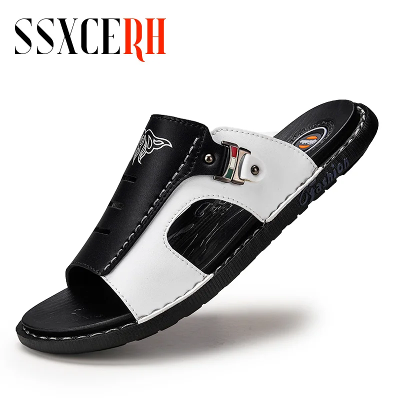 Summer Genuine Leather Slippers for Men Summer Hot Sale Slides Male Sandals Beach Outsides Shoes Hombre Sandals Outside Shoes