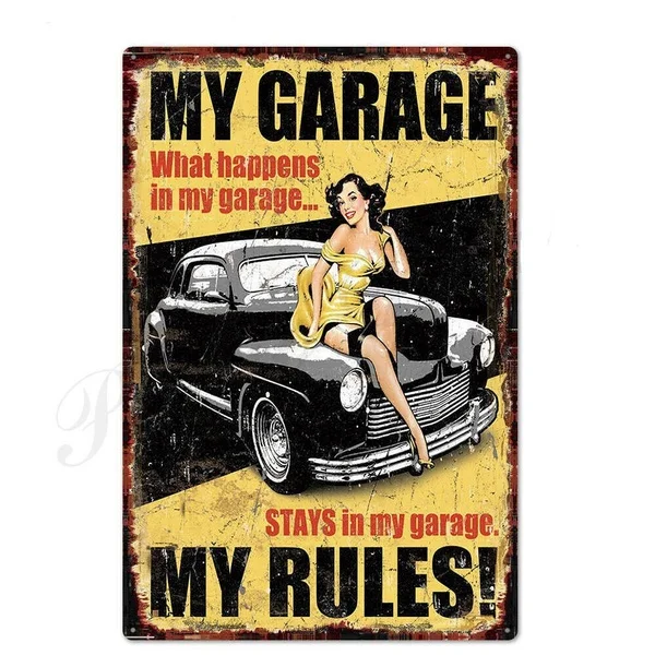 

My Garage My Rules! Funny Retro Metal Plaque with Pin Up Girl Man Cave Tin Sign Wall Metal Poster 20*30CM 8x12inch
