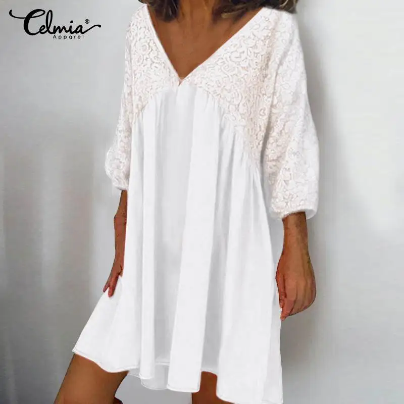 Bohemian Dress Celmia Women 3/4 Sleeve V-neck Summer Lace Sundress Casual Loose Pleated Party Robe Femme Mini Vestidos Plus Size | Женская