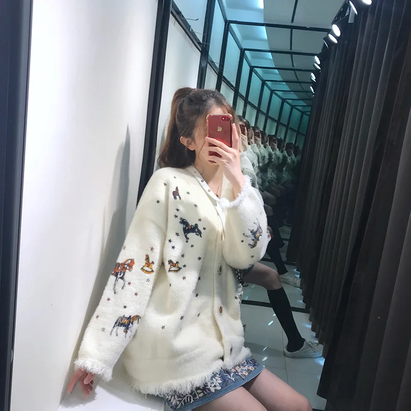 Осень 2019 новый свитер кардиган женский модный простой вышивка декоративный