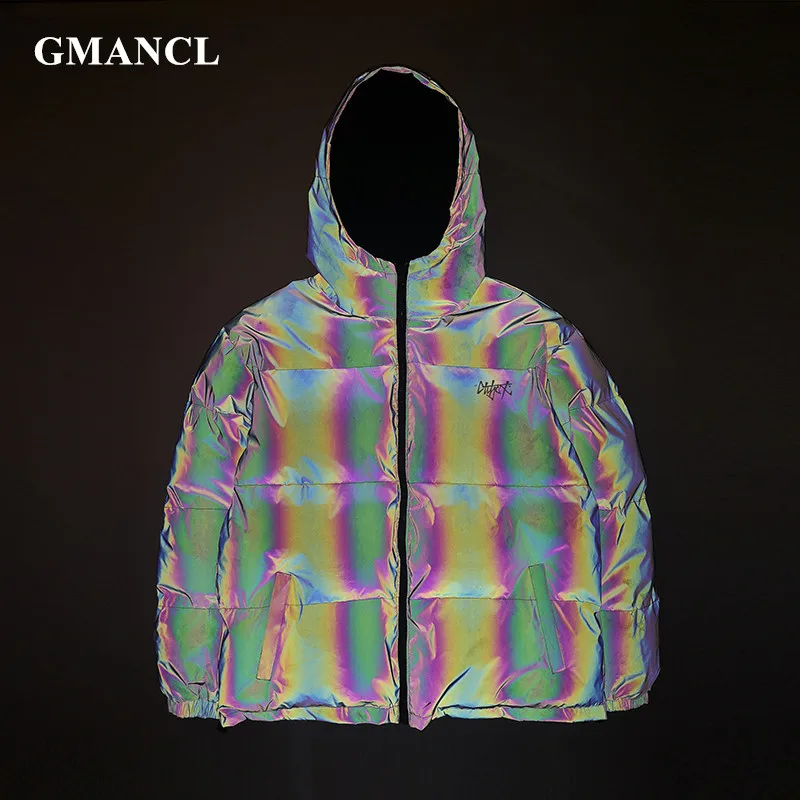 Зимняя мужская хип-хоп Ночная Светоотражающая парка с капюшоном, Двусторонняя одежда, Толстая теплая ветрозащитная хлопковая стеганая верхняя одежда, пуховое пальто