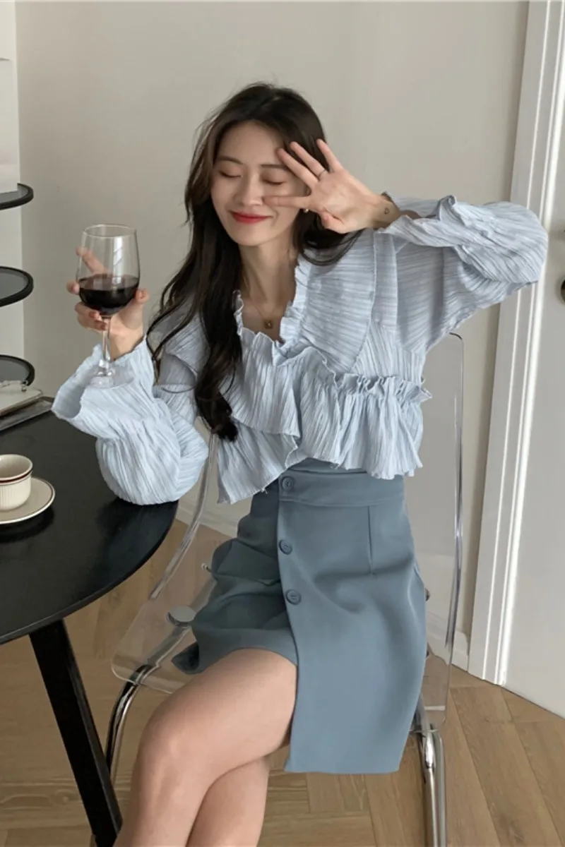 

Elegant Fashion Salt Series Suit for Women 2021 New Summer Gentle Sweet Two-Piece Set V-neck Ruffle Blouse A-line Short Skirt