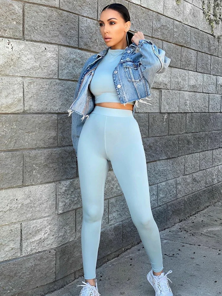 

Solid Color Sports Sets Autumn 2020 New Women's Fashion Short Round Neck Pullover Top And Tight Pants Slim Casual Belly Button