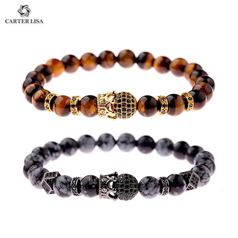 CARTER LISA Charm мужчины CZ шар тигровый глаз браслет из бисера Шарм Браслеты с короной и
