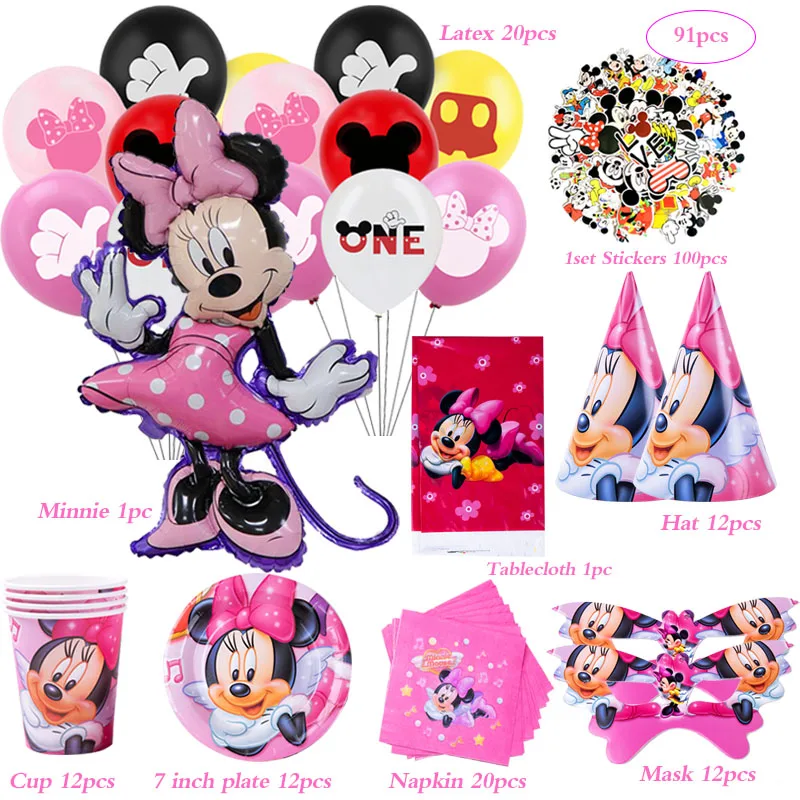

91pcs Disney Minnie Mouse Birthday Party Supplies Kids Faovr Sticker Cup Plate napkin Girl Party decoration Disposable Tableware