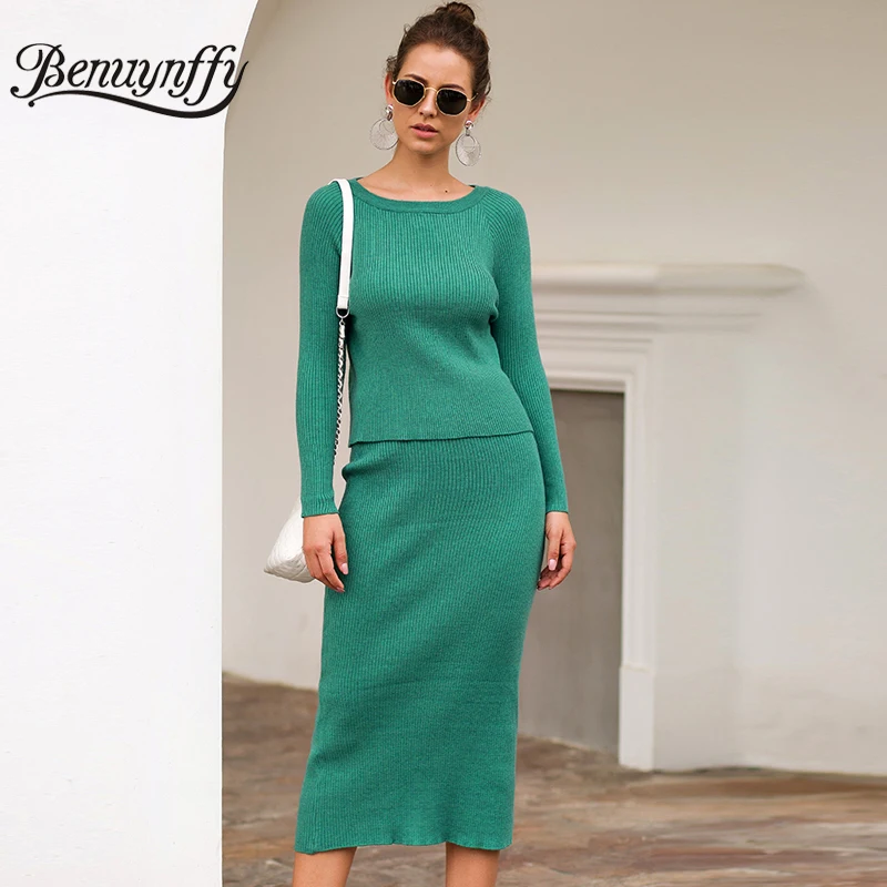 Benuynffy элегантный однотонный вязаный женский комплект с круглым вырезом и длинным