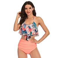 2 piece off shoulder halter swimsuit women floral print flounce plus size swimwear girl high waisted beach wear bikini