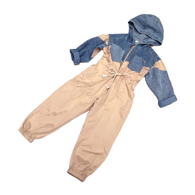 Джинсовые комбинезоны с капюшоном для девочек джинсовые брюки средней и большой