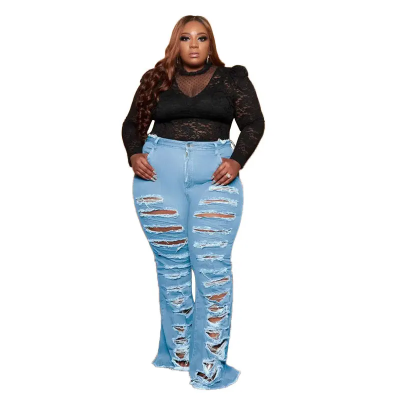 

Plus Size Jeans Women 4xl 5xl Denim Light Blue Ripped Distressed Trouser Skinny Hole Flare Pants Boyfriend High Waist Trousers