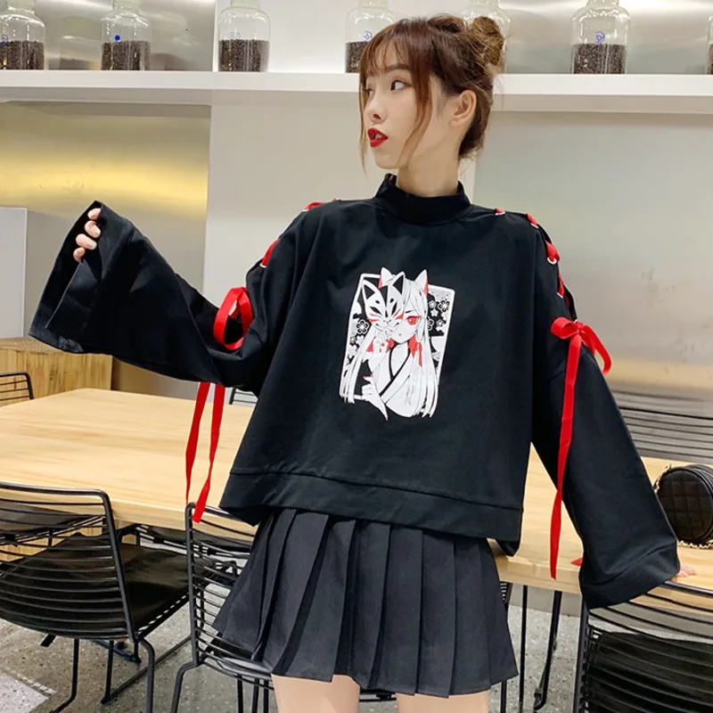 Японский мультфильм лиса девушка печати балахон Harajuku для женщин Готический ленты на шнуровке с расклешенными рукавами Kawaii плюс бархат пуловер Толстовка