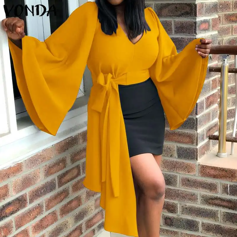 

Стильная блузка VONDA 2022, женские осенние однотонные офисные топы с расклешенными рукавами, Сексуальная Блузка на молнии с V-образным вырезом, ...