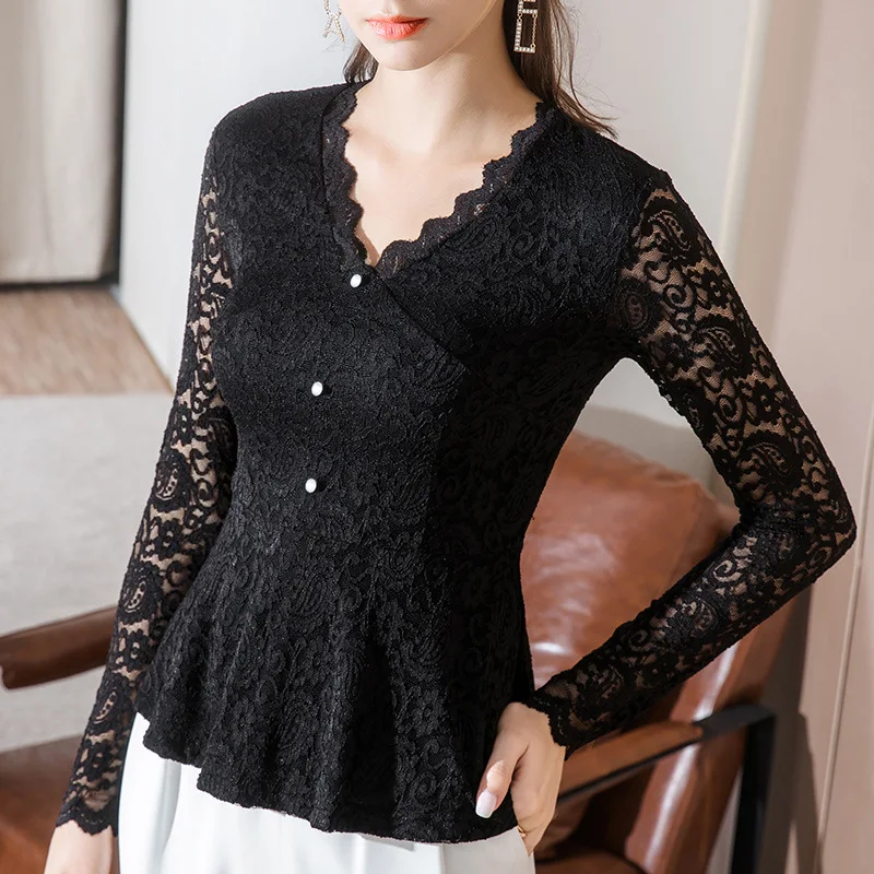 

Wave edge V-neck lace shirt long sleeve with sexy hollow out solid color blouse