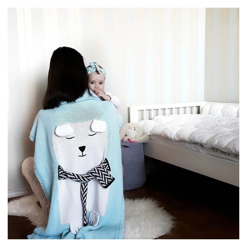 Вязаное одеяло пляжный коврик детское удерживающее трехмерное белое с ушками