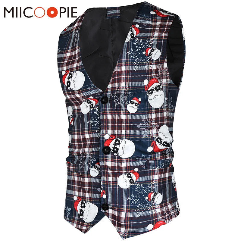 Christmas Vest Men 2020 Brand Striped Santa Claus Printed Sleeveless Mens Suit Vests Jacket V-Neck Slim Fit Chalecos Para Hombre