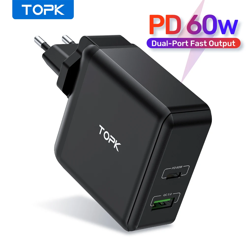 TOPK 60W USB зарядное устройство Quick Charge 3 0 Type C PD для iPhone Samsung iPad Pro Macbook настенное