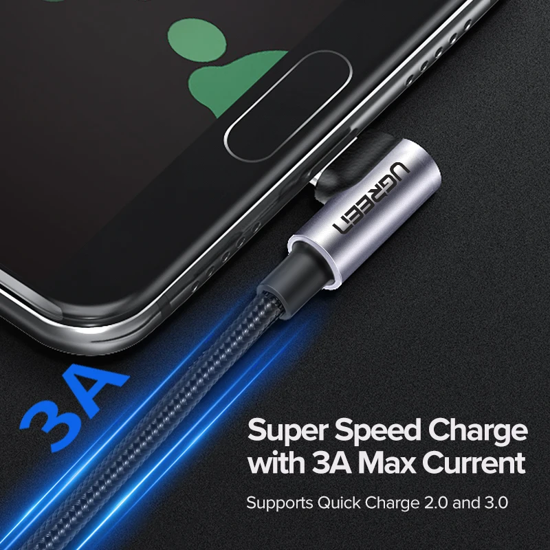 Кабель UGREEN USB C прямой угол от A до типа 3A кабель для быстрой зарядки Samsung S10 S9 S8 Plus