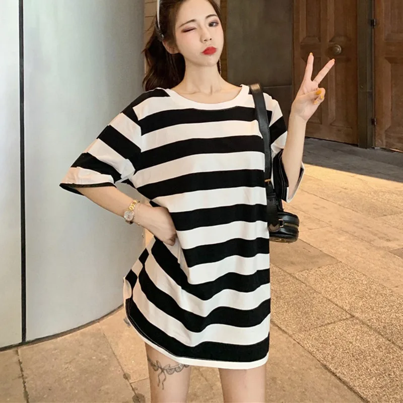 2019 летнее платье женское модное свободное пляжное в полоску с коротким рукавом и