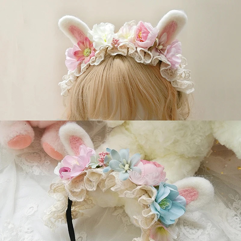 

Lolita Fairy Wind Flower Rabbit Eared Headband Cute Sweet All-match Rabbit Eared KC Soft Sister Girl's Headband Accessories