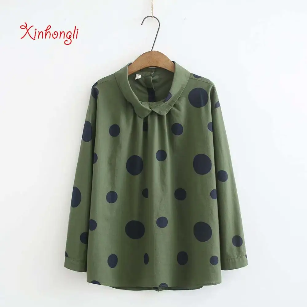 Женская Свободная блузка в горошек размера плюс с отложным воротником весна