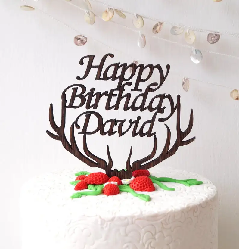 Счастливое украшение для именинного торта пирога Топпер рога деревянный