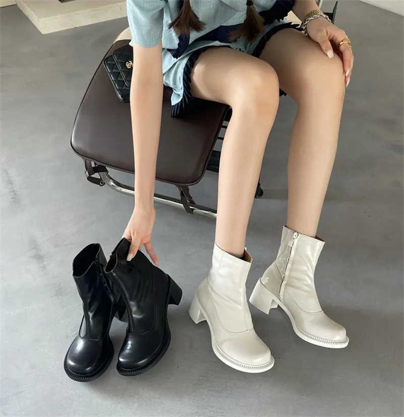 

New fashion big head Martin boots female white Mary Jane thick heel side zipper Chelsea boots round toe short boots
