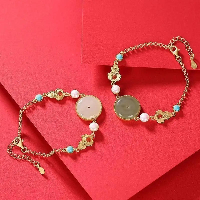 

Natural Hetian Jade Gray Jade Fu Lu Jasper Safeness Ring Bracelet S925 Sterling Silver Ancient Silver Inlaid Xi Vintage Bracelet