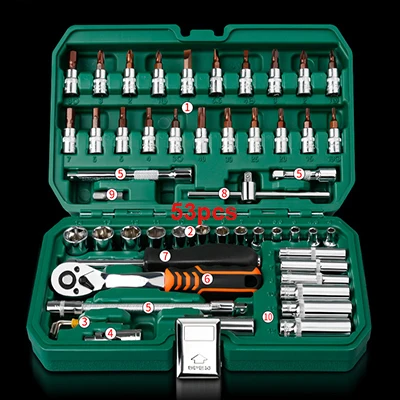 53pcs set Набор ручных инструментов, универсальный бытовой Автомобильный ремонтный набор инструментов с пластиковым ящиком для инструментов, чехол для хранения, торцевой ключ, отвертка - Цвет: 53pcs set