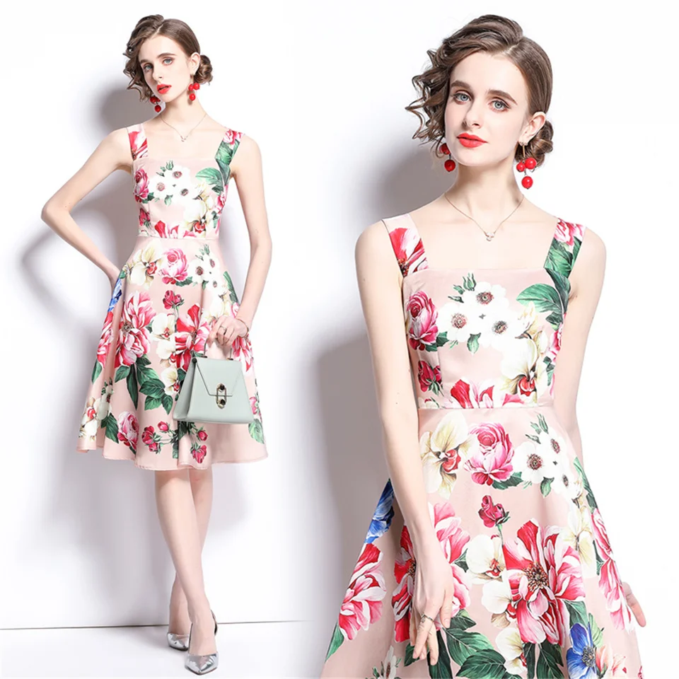 

Summer Spaghetti Strap Floral Printed Dress Women Korea Elegant Retro Slim Holiday Dress Female Casual A-Line Party Dresses