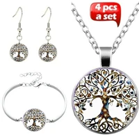 tree of life art photo jewelry set cabochon glass pendant necklace earring bracelet totally 4 pcs for womens fashion party gift