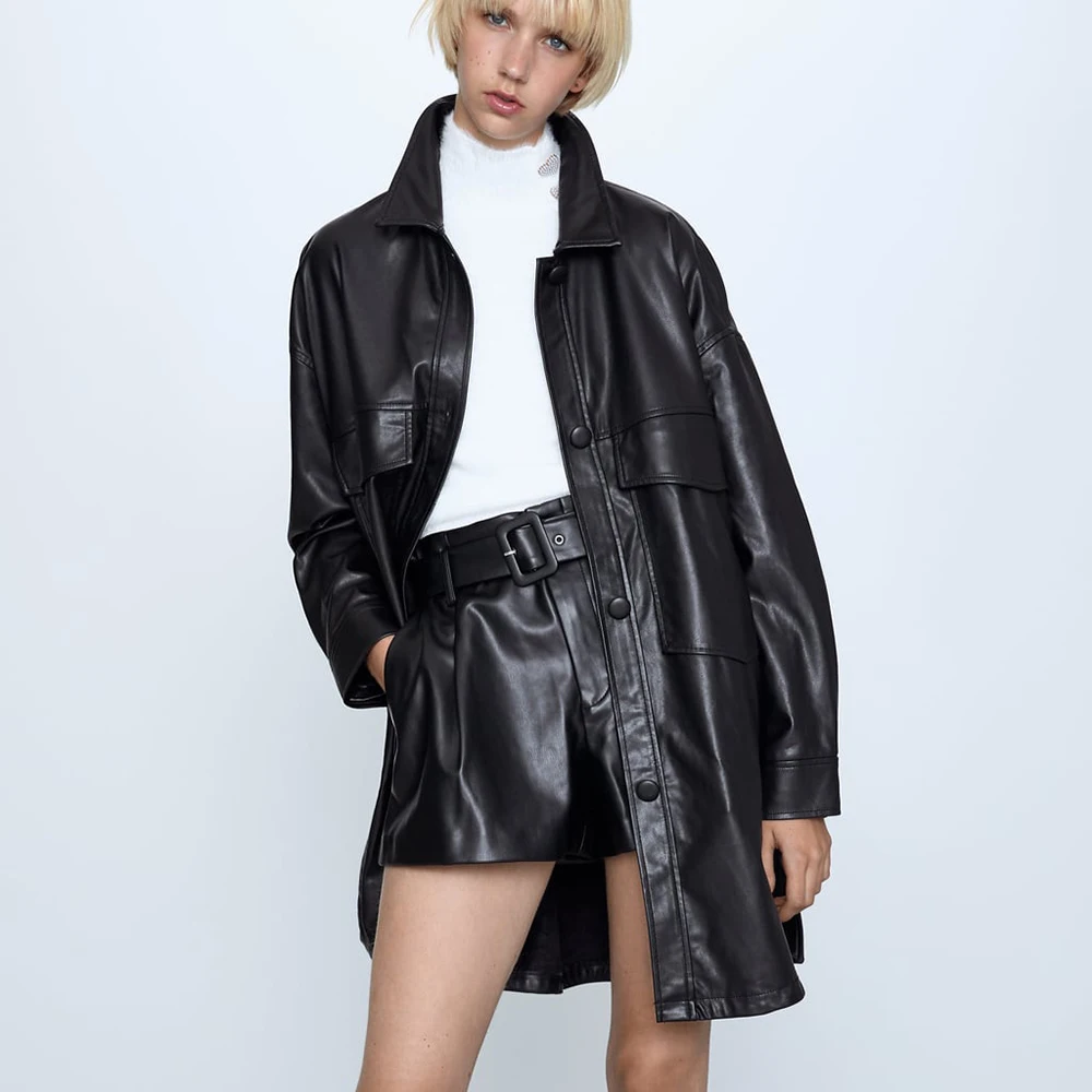 Женские кожаные шорты ZA черные и белые декоративные из искусственной кожи