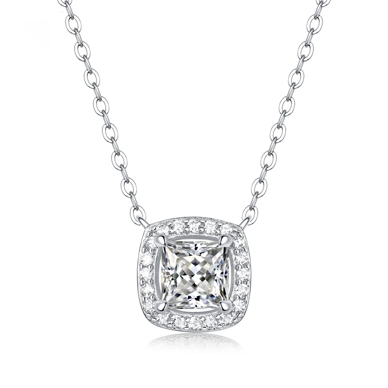 

Trendy 925 Silver Princess Square Moissanite Necklace for Women Fine Jewelry White Gold 1 Ct D Color Moissanite Pendant Necklace