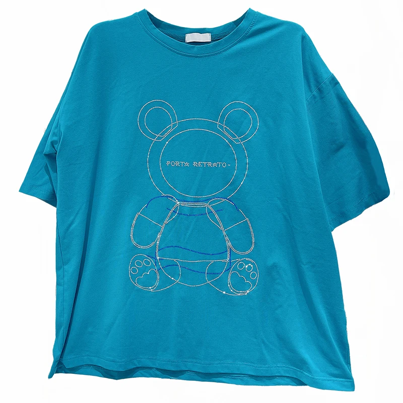 

2021 Summer New Hot Rhinestone Bear Short-Sleeved T-shirt Women's Loose All-Match White Top Korean Graphic T Shirts