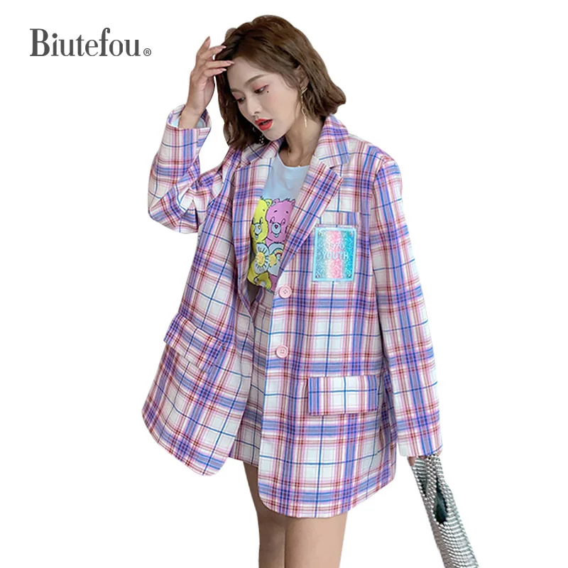 Женский осенне-весенний Тонкий Блейзер в клетку с длинным рукавом | Женская