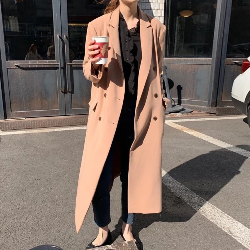 

Женское шерстяное пальто, элегантное двубортное винтажное пальто с отложным воротником, Корейская верхняя одежда, осень-зима 2020