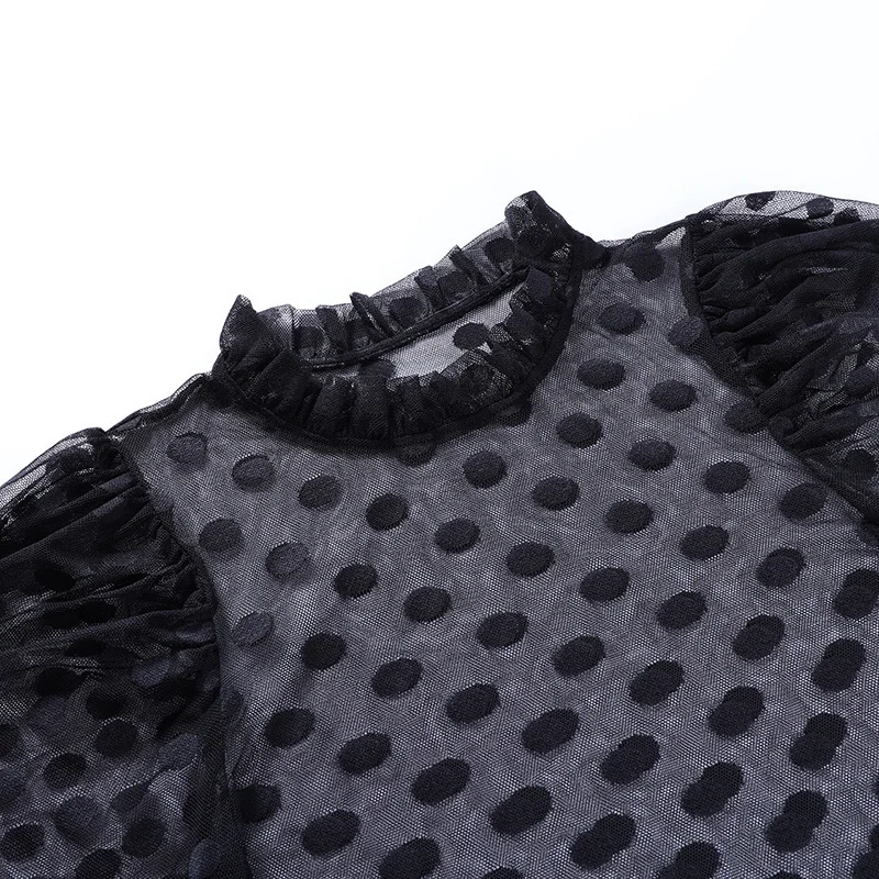 

Wave Point Net Yarn Fungus Tops Female Fashion Sexy Slim Top Woman Stand-Up Collar Long Sleeve Micro-Transparent Shirt 2021