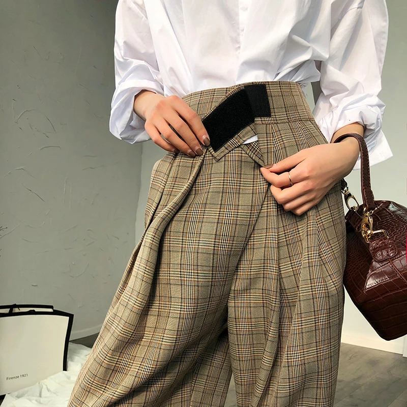 Женские клетчатые брюки TWOTWINSTYLE осенние шаровары с высокой талией длиной до