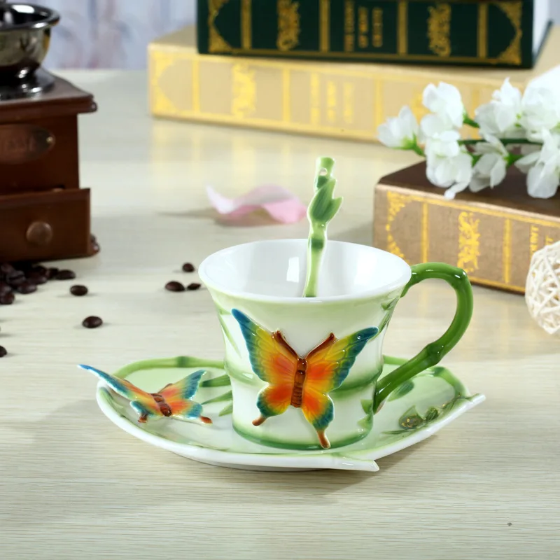 Bamboo Butterfly Coffee Mugs With Saucer Spoon 3D Cartoon Handmade Porcelain Cups Hot Breakfast Tea Water Bottle Christmas Gift