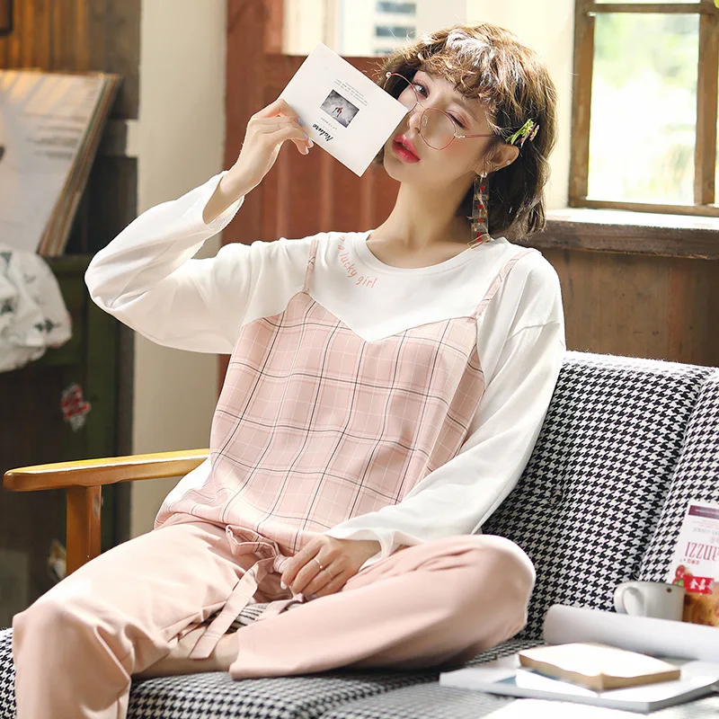 

Autumn Winter Cotton Women's Pajamas Round Neck Long Sleeve Top Long Pant Pajamas Set Woman Sleepwear