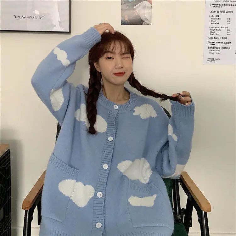 

Women Loose Style Knitted Coat Blue Cloud Pattern Long Sleeve Button-down Sweater Fashion Style