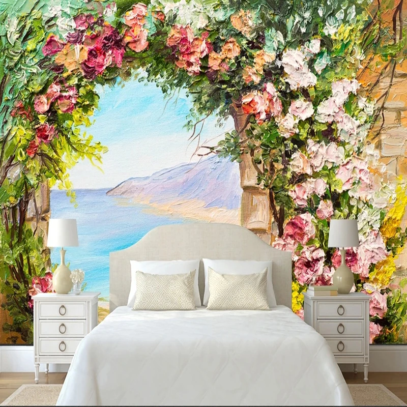 

Custom Any 3D Wallpaper Size Self-Adhesive Fantasy Beautiful Love Sea Arch Flower Landscape Oil Painting Mural Background Wall