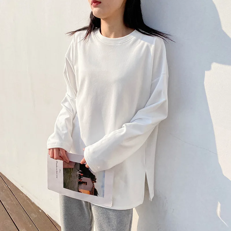 

Женская футболка с круглым вырезом, зимняя, мягкая, теплая, однотонная, свободная, с длинным рукавом, 2020