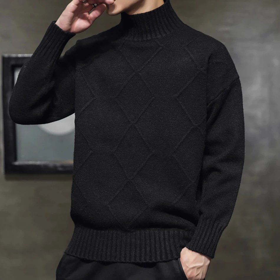 

New Arrivals Fashion Men Clothing Black Diamond Lattice Designers Turtleneck Knitted Sweater Winter Oversized Pullover Tops