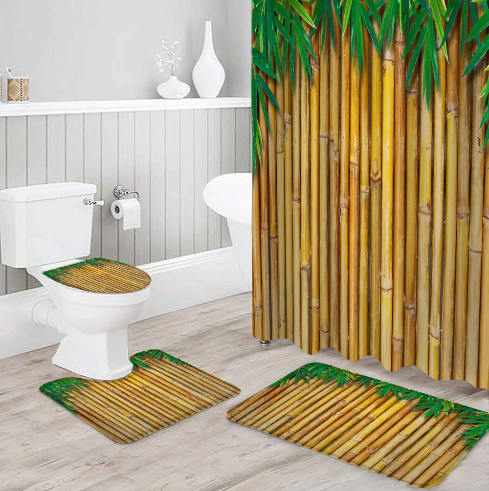 Бамбуковая занавеска для душа с желтыми листьями Набор чехлов унитаза